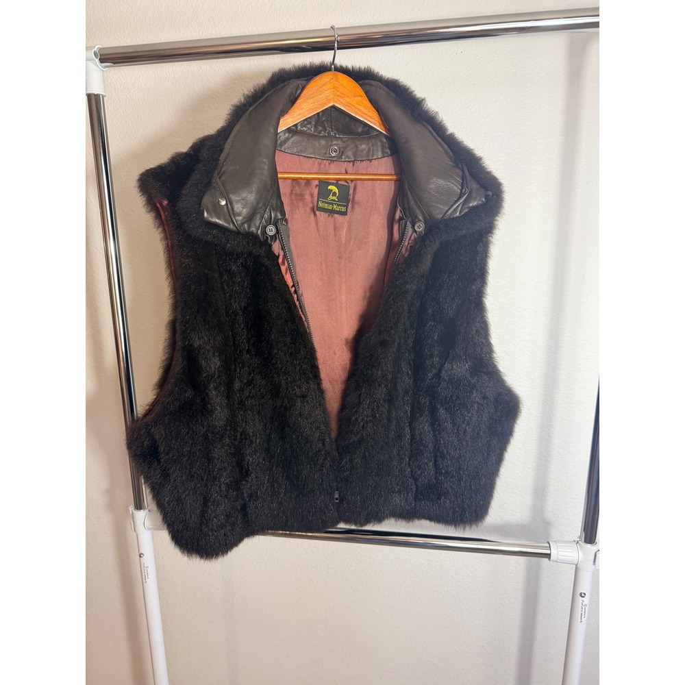 VTG 1970s Neiman Marcus Fur Leather Vest Brown A-Line Swing Fits L/XL Excellent